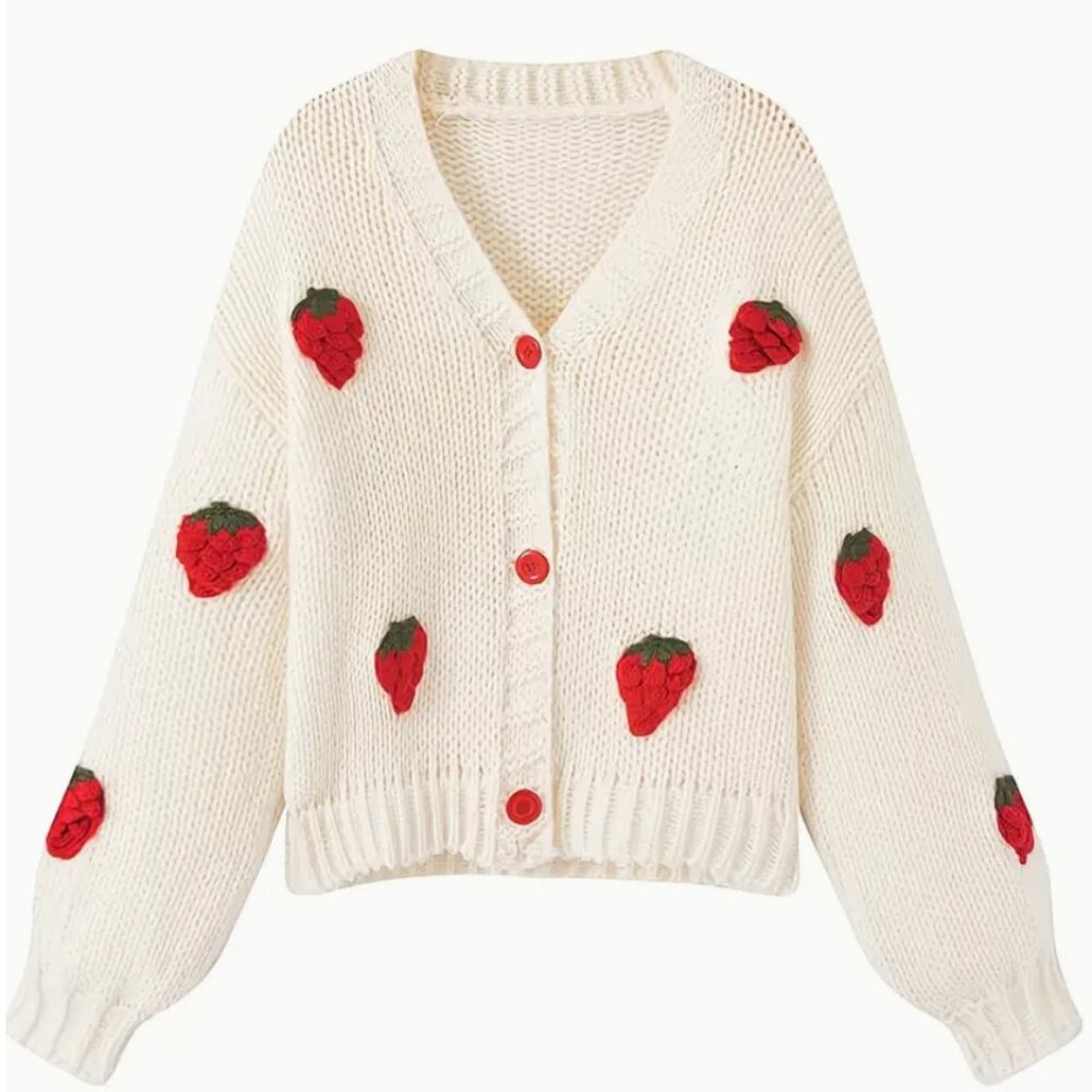 Strawberry Pattern Button Down Knit Cardigan - image 1